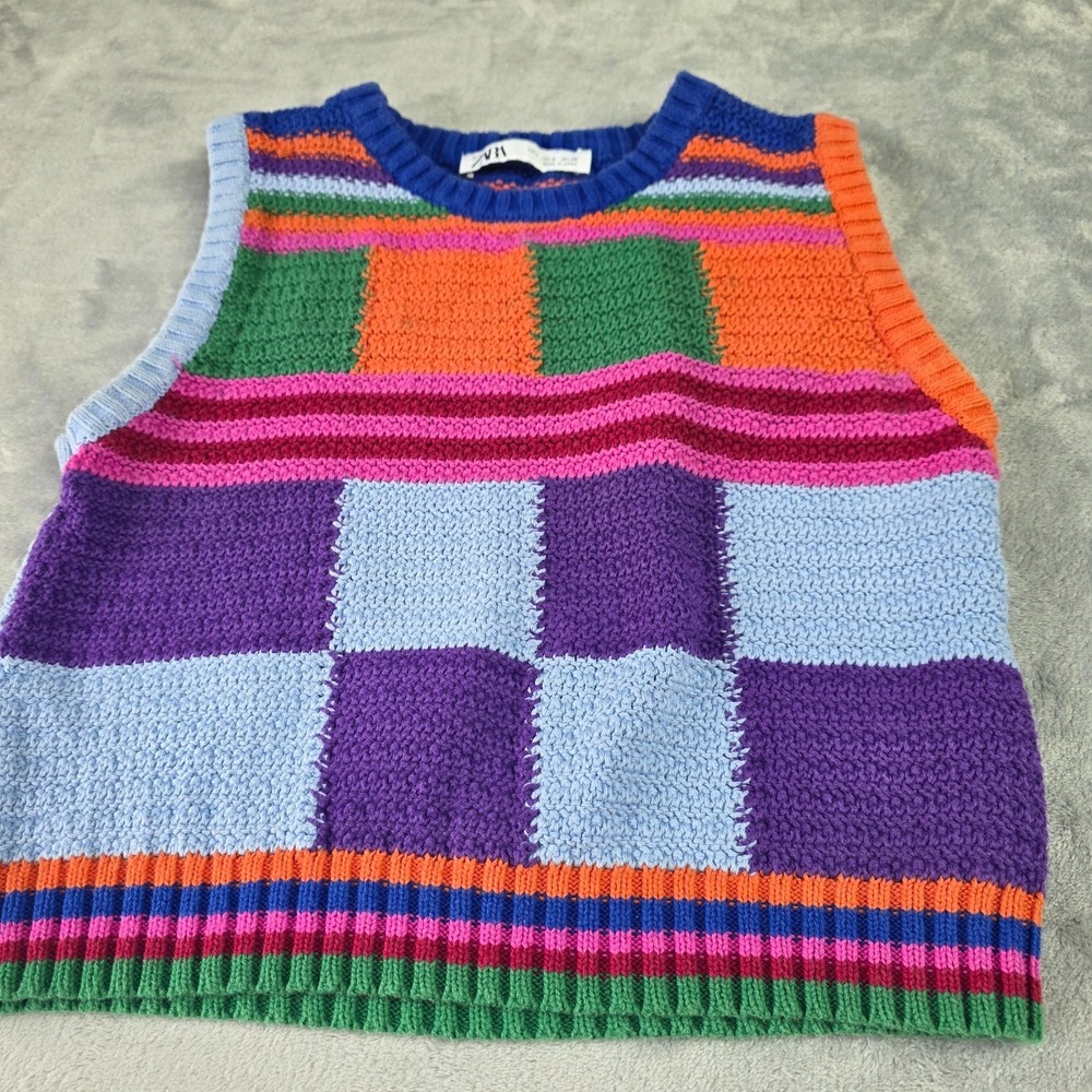 Zara Patchwork Knit Crotchet Vest Jacquard Knit Colorful Block Size Girls Size S